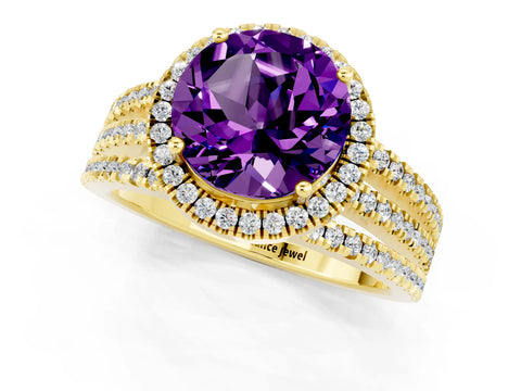 Yellow gold {shape_name} Amethyst Halo Engagement Ring with Split Shank and Four-Prong Setting_1