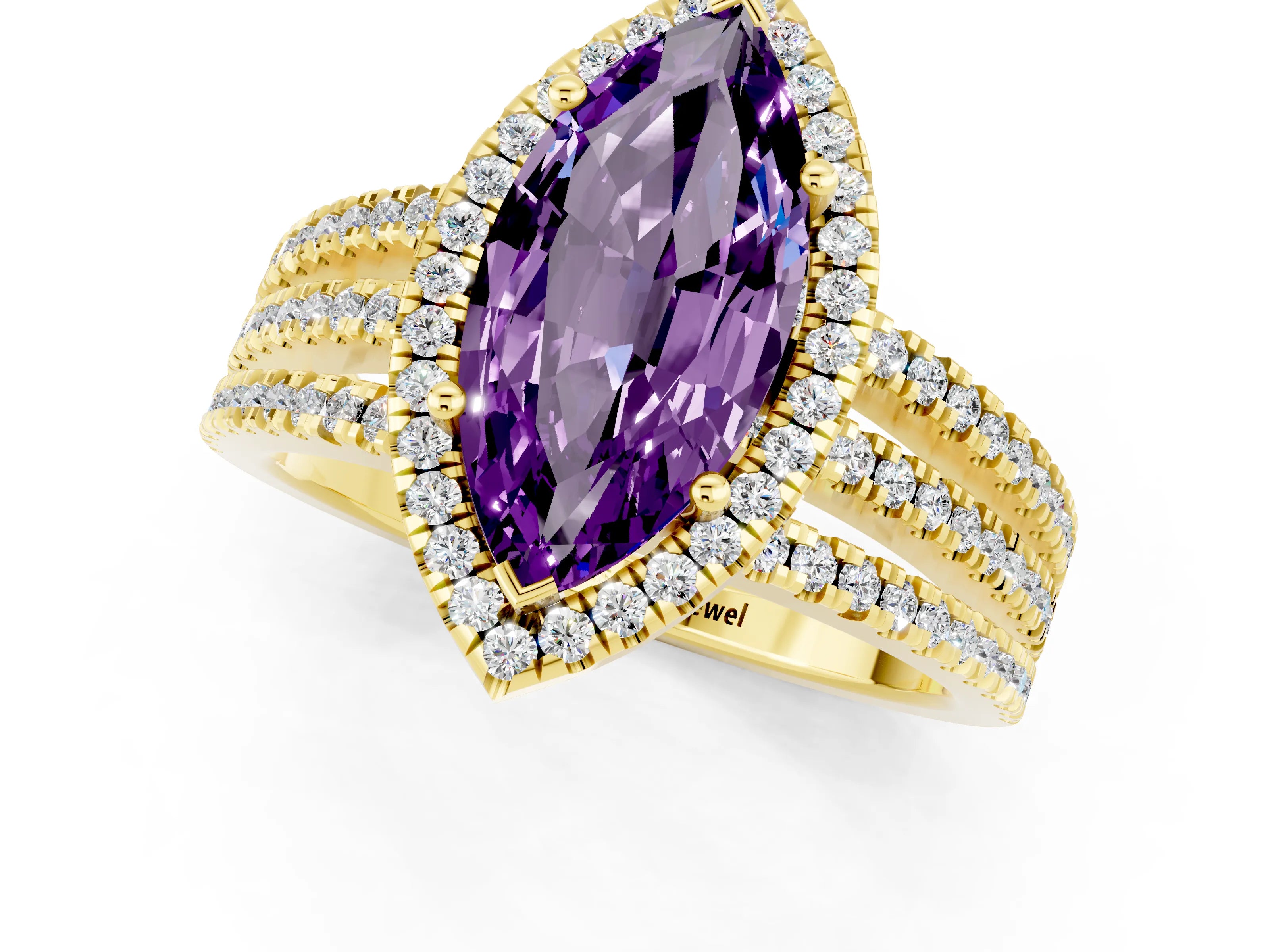 Yellow gold {shape_name} Amethyst Halo Engagement Ring with Split Shank and Four-Prong Setting_1