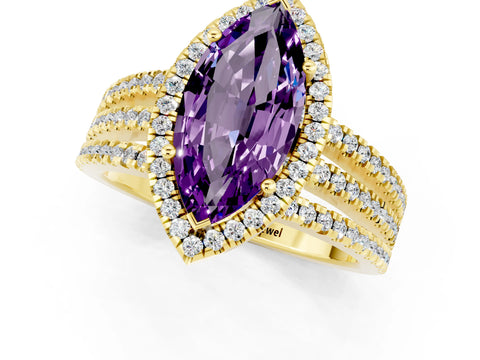 Yellow gold {shape_name} Amethyst Halo Engagement Ring with Split Shank and Four-Prong Setting_1