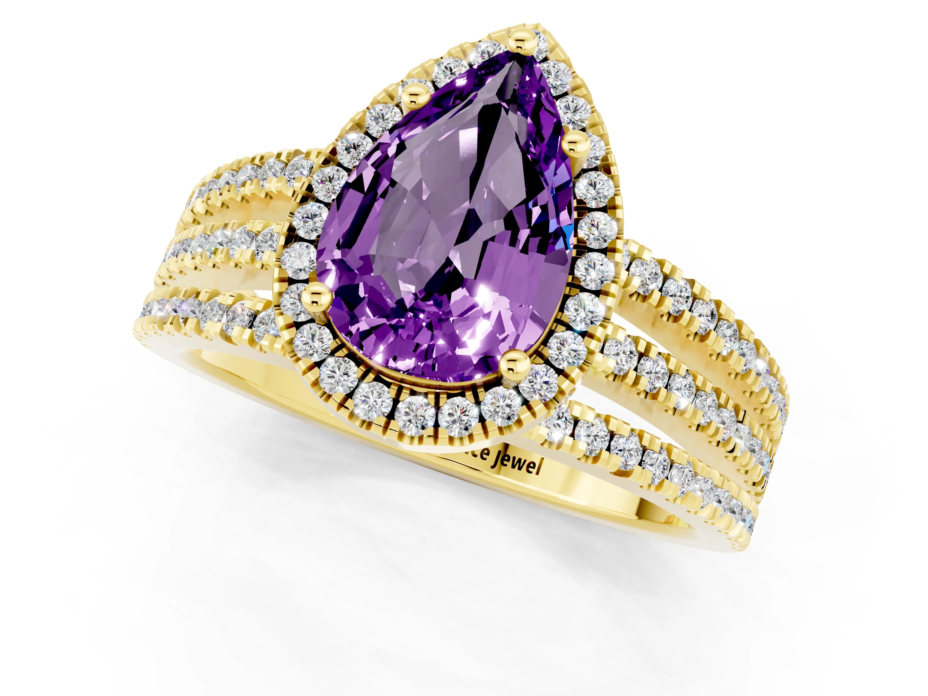 Yellow gold {shape_name} Amethyst Halo Engagement Ring with Split Shank and Four-Prong Setting_1