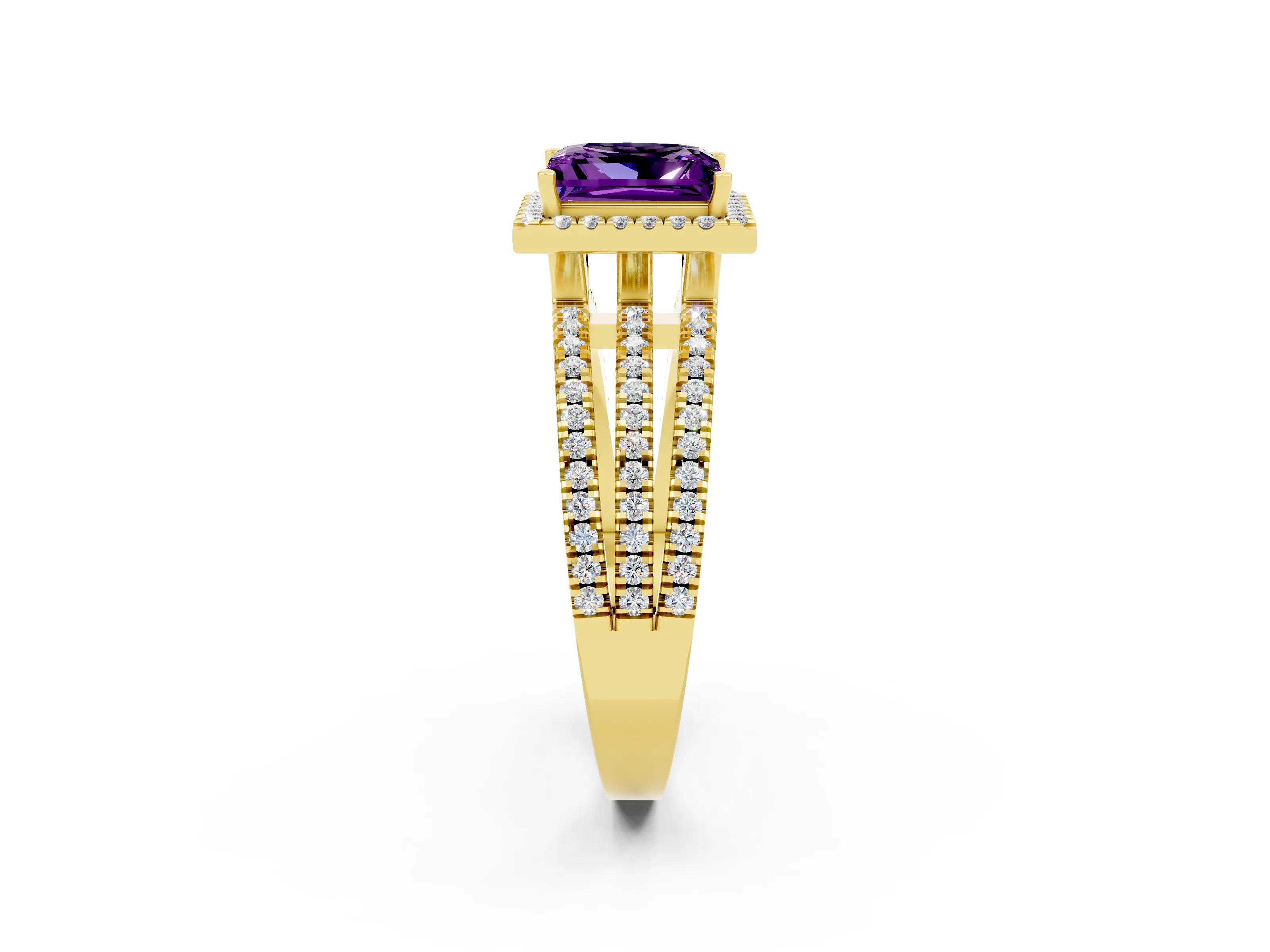 Yellow gold {shape_name} Amethyst Halo Engagement Ring with Split Shank and Four-Prong Setting_2