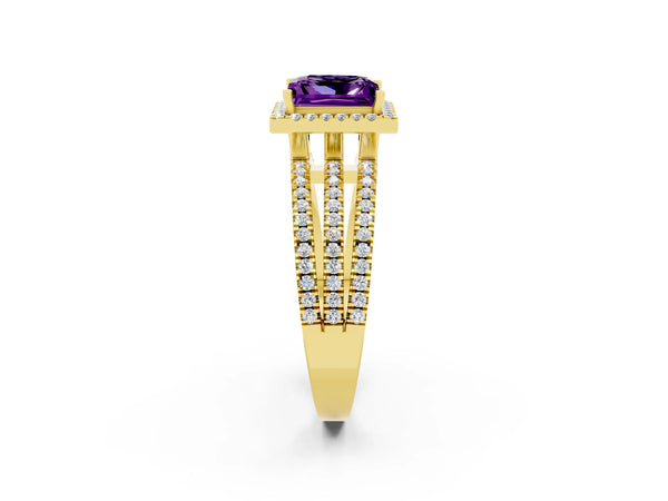 Yellow gold Princess Cut Amethyst Halo Engagement Ring with Split Shank and Four-Prong Setting