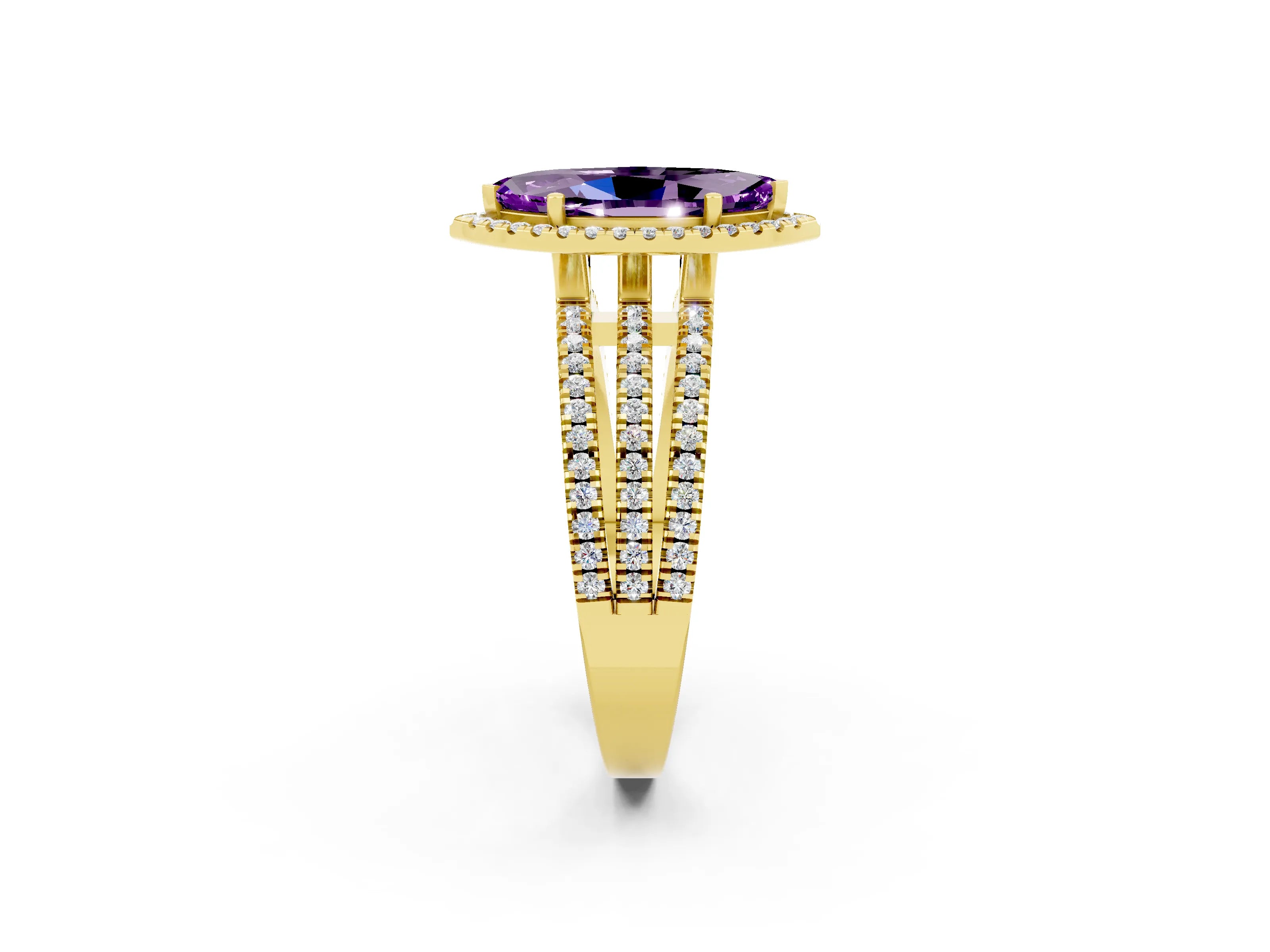 Yellow gold {shape_name} Amethyst Halo Engagement Ring with Split Shank and Four-Prong Setting_2