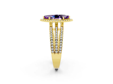 Yellow gold {shape_name} Amethyst Halo Engagement Ring with Split Shank and Four-Prong Setting_2