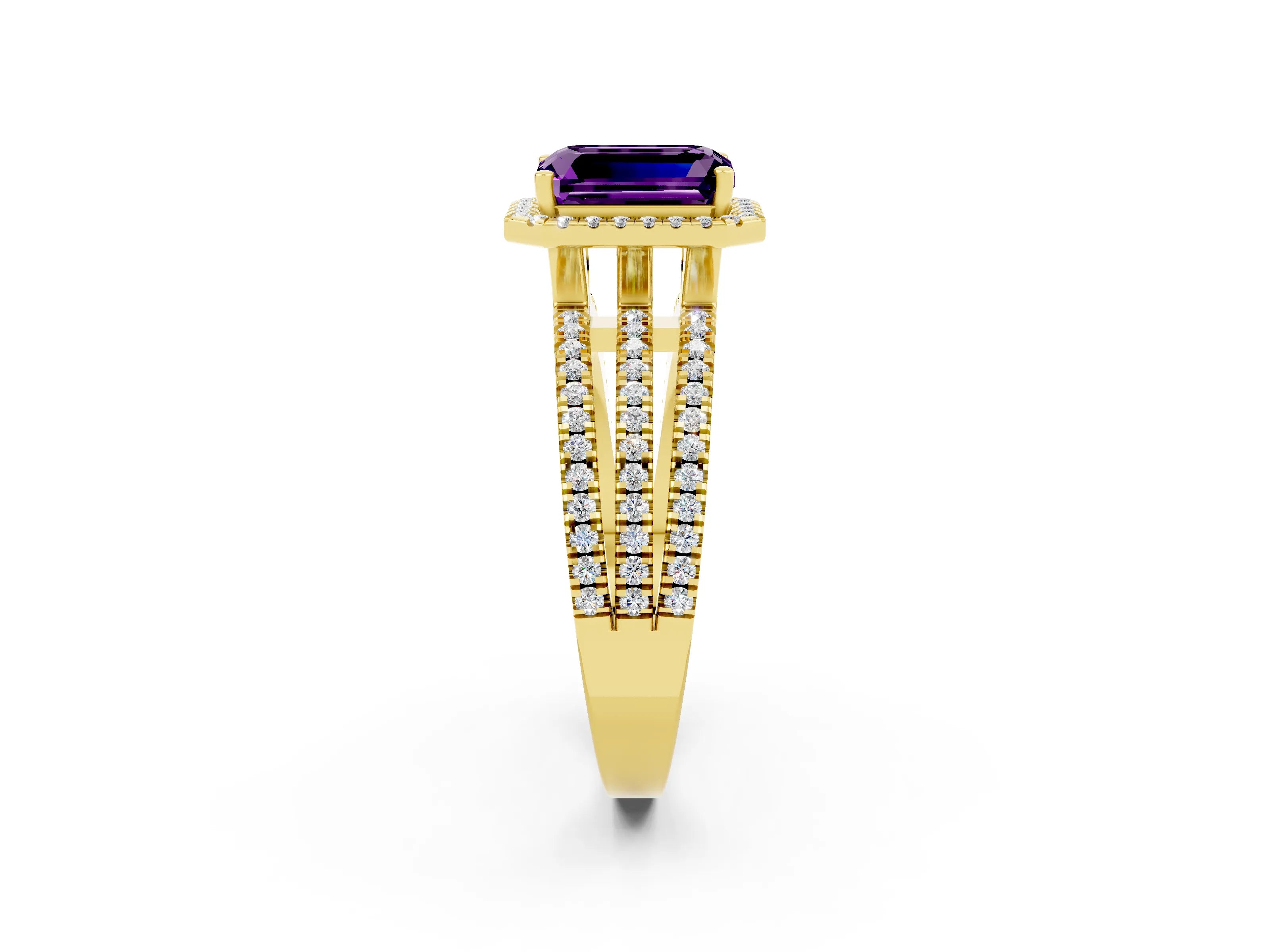 Yellow gold {shape_name} Amethyst Halo Engagement Ring with Split Shank and Four-Prong Setting_2