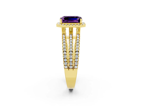 Yellow gold Emerald Cut Amethyst Halo Engagement Ring with Split Shank and Four-Prong Setting