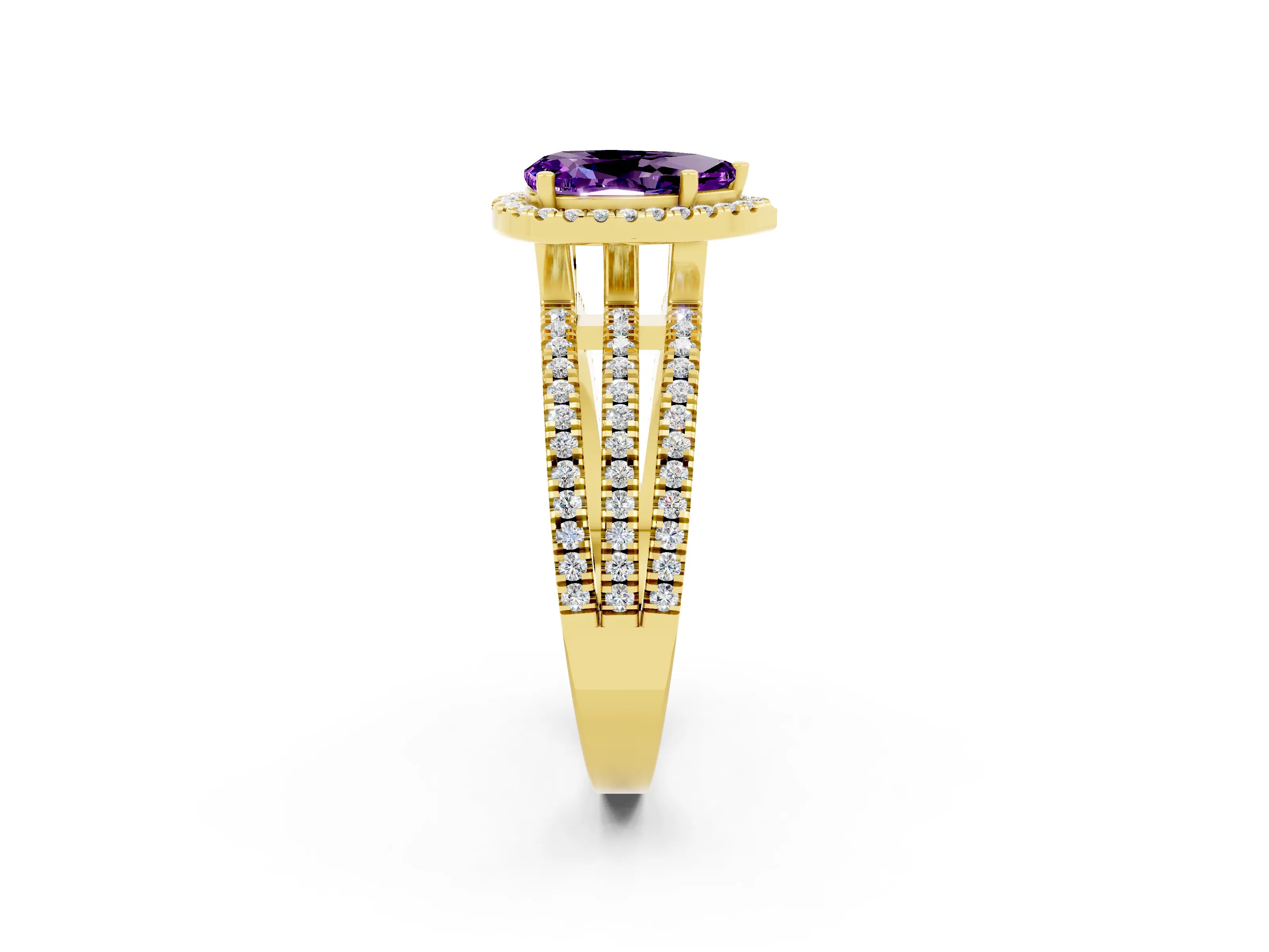 Yellow gold {shape_name} Amethyst Halo Engagement Ring with Split Shank and Four-Prong Setting_2