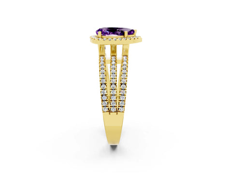 Yellow gold {shape_name} Amethyst Halo Engagement Ring with Split Shank and Four-Prong Setting_2