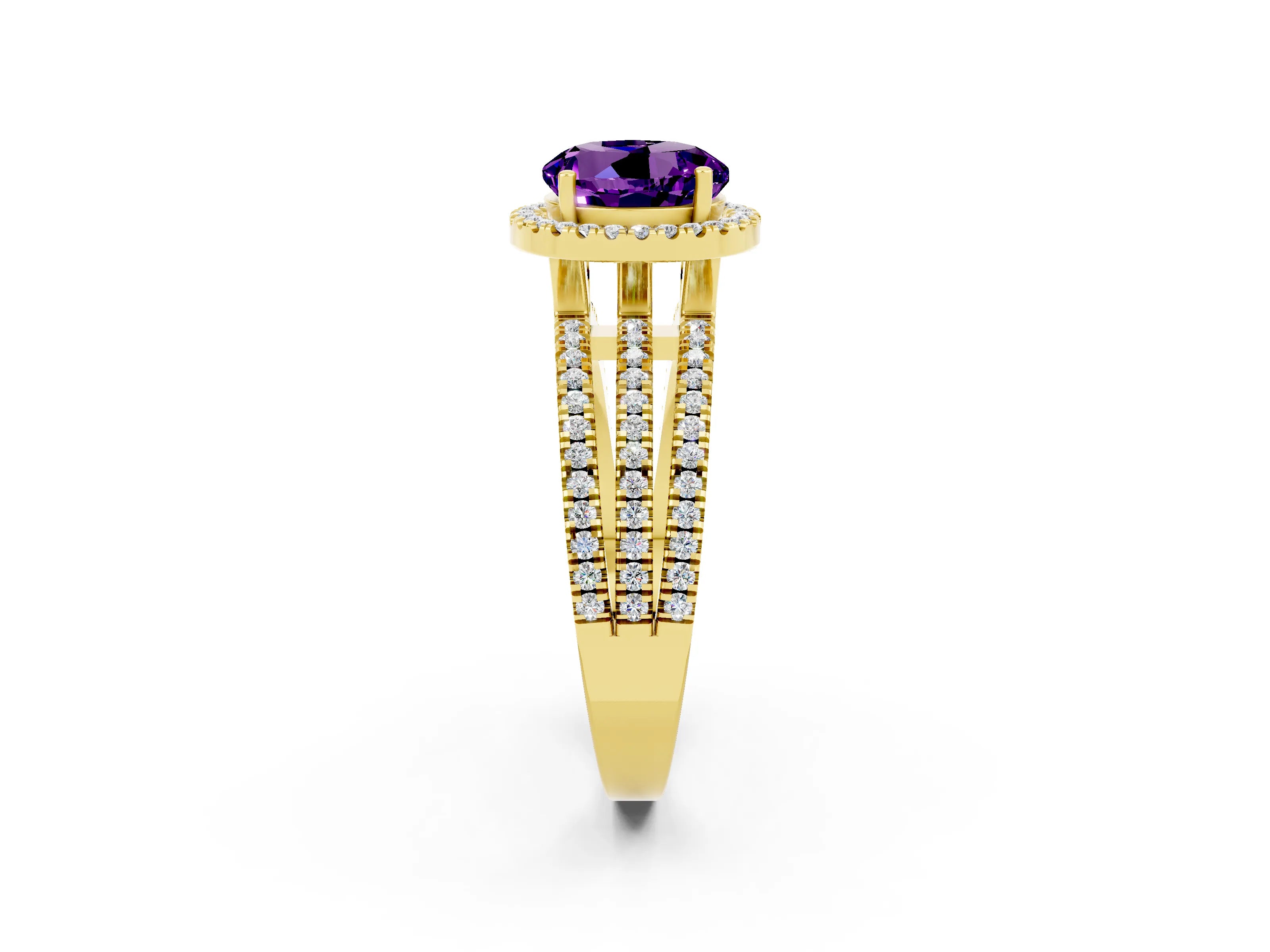 Yellow gold {shape_name} Amethyst Halo Engagement Ring with Split Shank and Four-Prong Setting_2