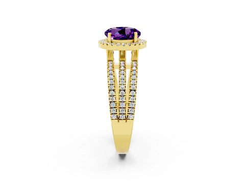 Yellow gold {shape_name} Amethyst Halo Engagement Ring with Split Shank and Four-Prong Setting_2