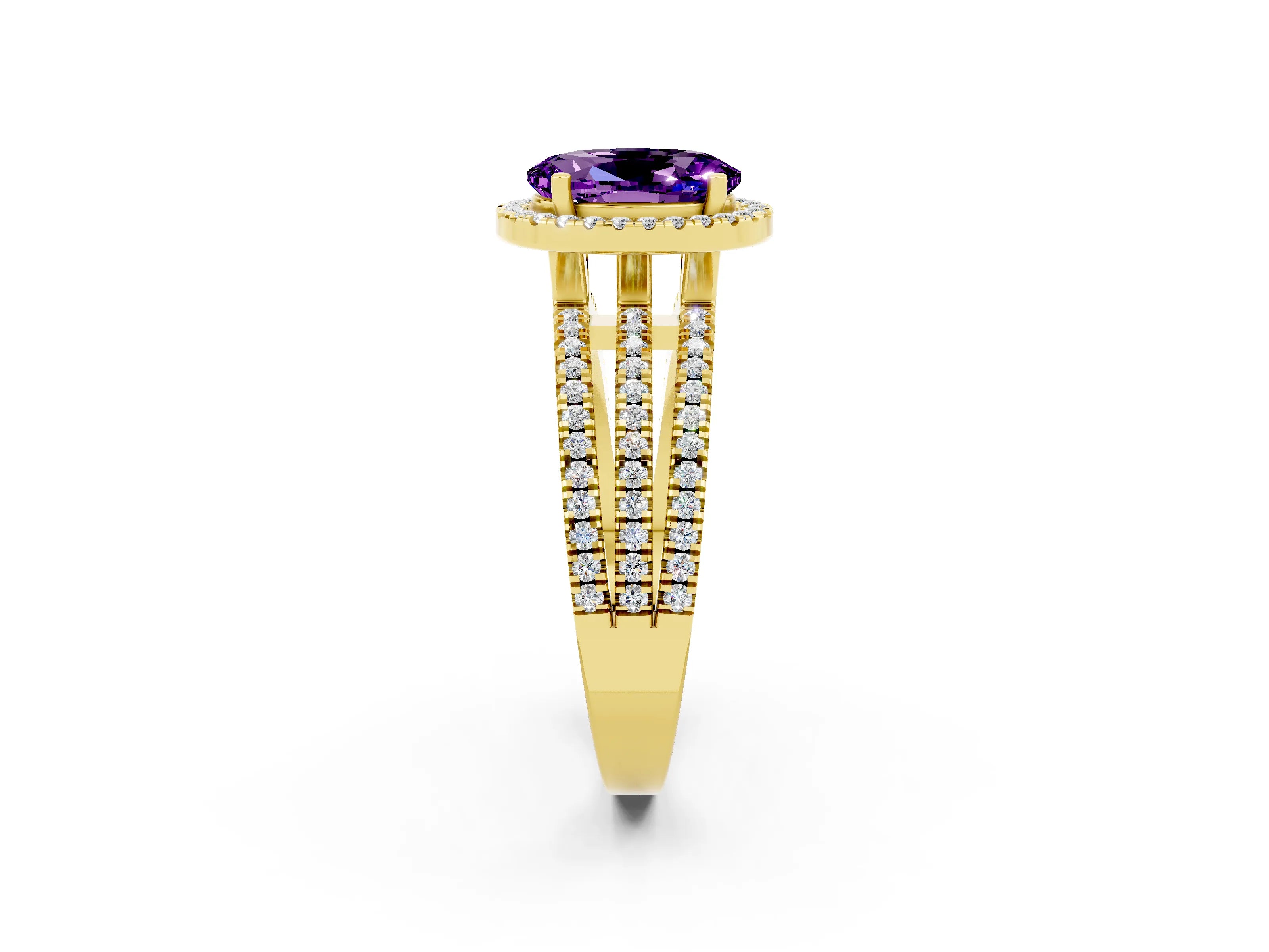Yellow gold {shape_name} Amethyst Halo Engagement Ring with Split Shank and Four-Prong Setting_2