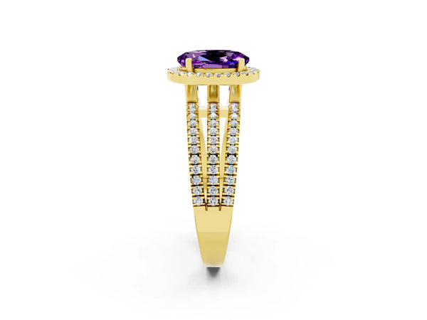 Yellow gold Oval Cut Amethyst Halo Engagement Ring with Split Shank and Four-Prong Setting