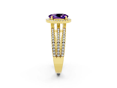 Yellow gold {shape_name} Amethyst Halo Engagement Ring with Split Shank and Four-Prong Setting_2