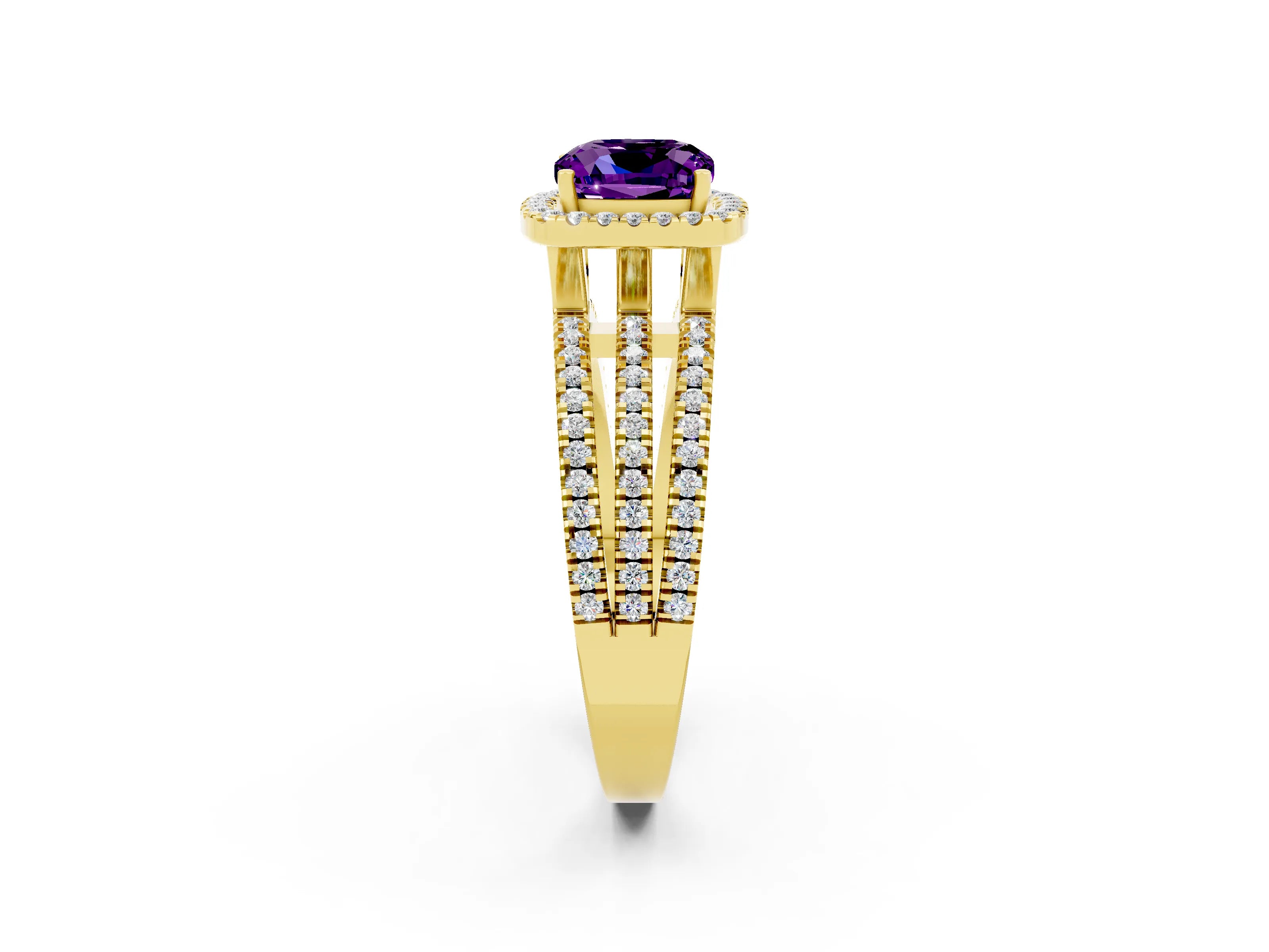 Yellow gold {shape_name} Amethyst Halo Engagement Ring with Split Shank and Four-Prong Setting_2