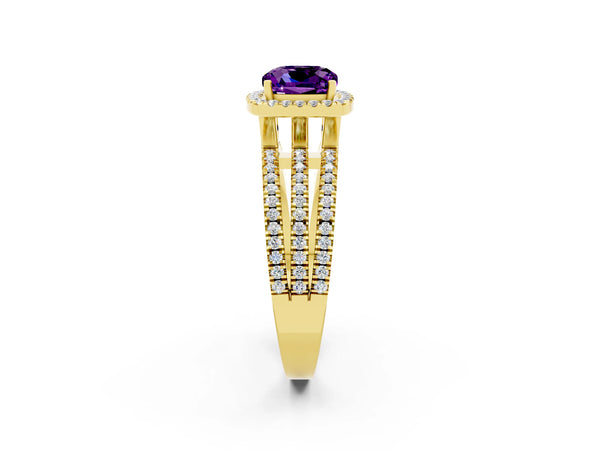 Yellow gold Cushion Cut Amethyst Halo Engagement Ring with Split Shank and Four-Prong Setting