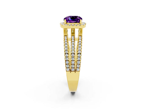 Yellow gold {shape_name} Amethyst Halo Engagement Ring with Split Shank and Four-Prong Setting_2