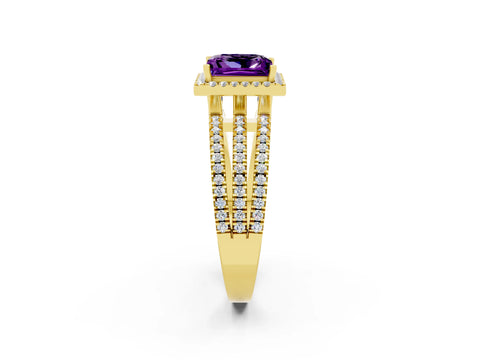Yellow gold {shape_name} Amethyst Halo Engagement Ring with Split Shank and Four-Prong Setting_2
