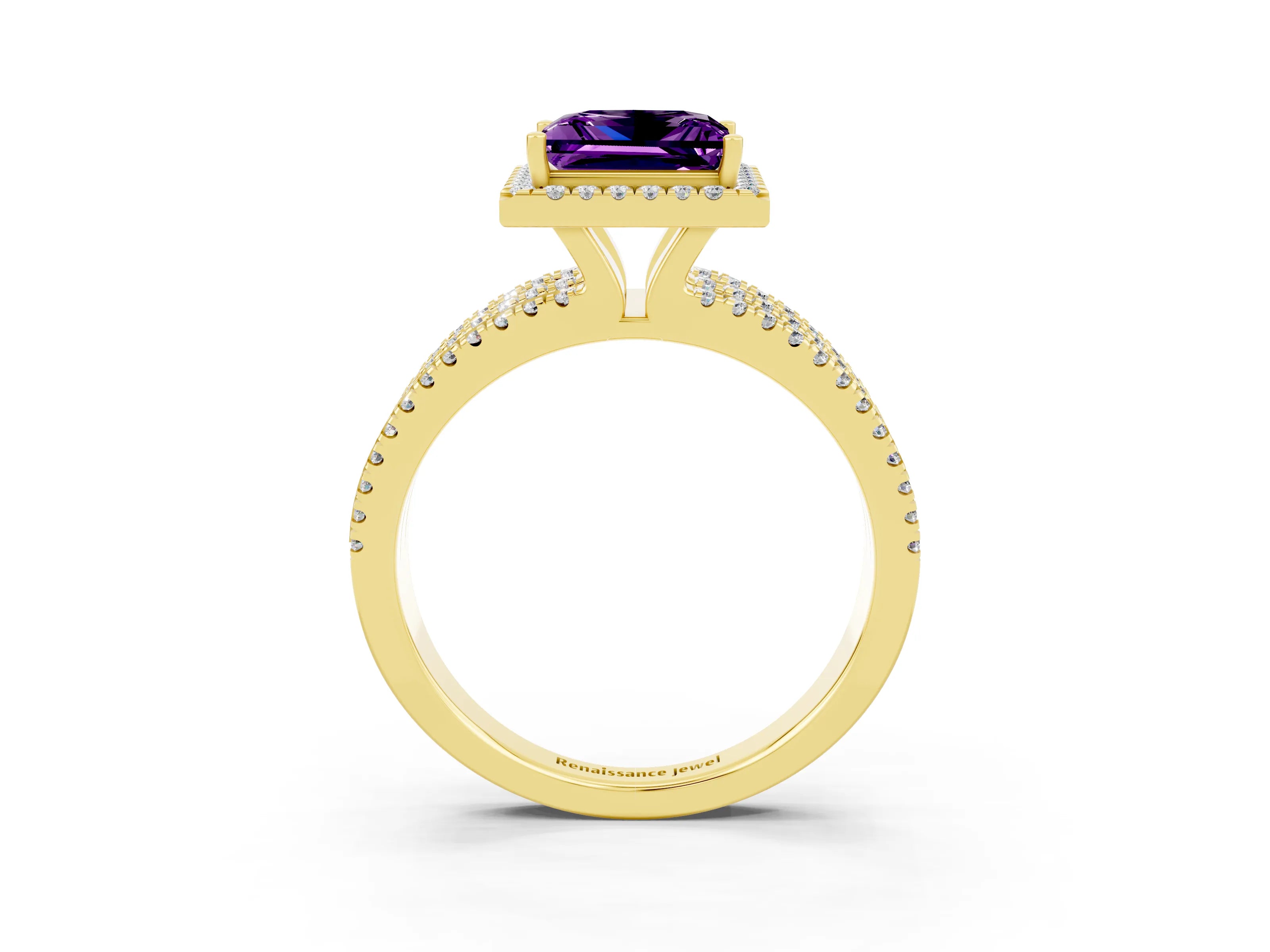 Yellow gold {shape_name} Amethyst Halo Engagement Ring with Split Shank and Four-Prong Setting_3