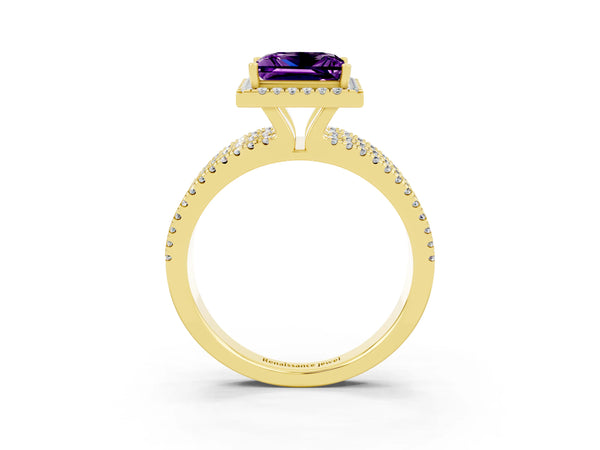 Yellow gold Princess Cut Amethyst Halo Engagement Ring with Split Shank and Four-Prong Setting