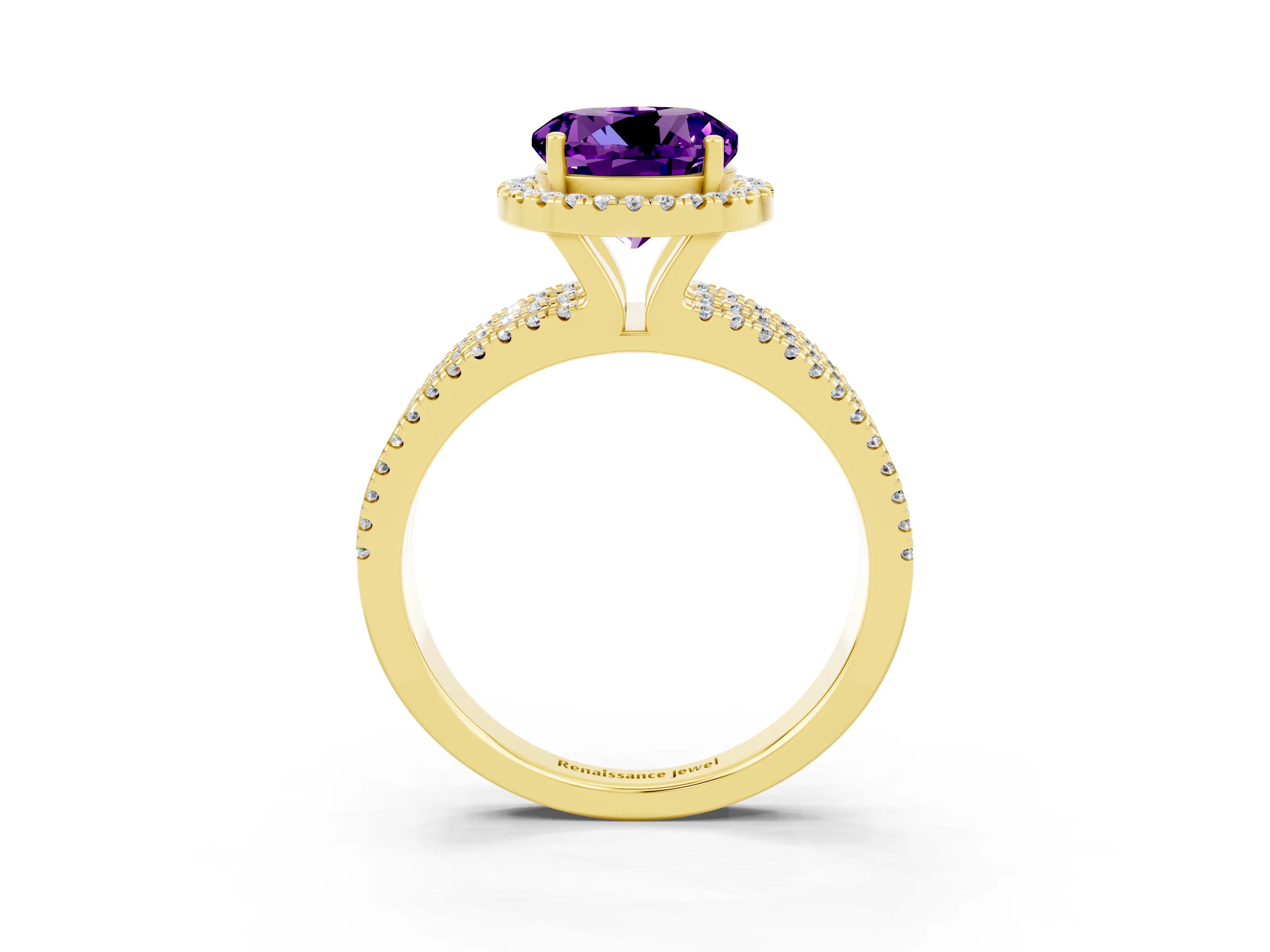 Yellow gold {shape_name} Amethyst Halo Engagement Ring with Split Shank and Four-Prong Setting_3