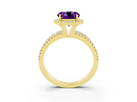 Yellow gold {shape_name} Amethyst Halo Engagement Ring with Split Shank and Four-Prong Setting_3