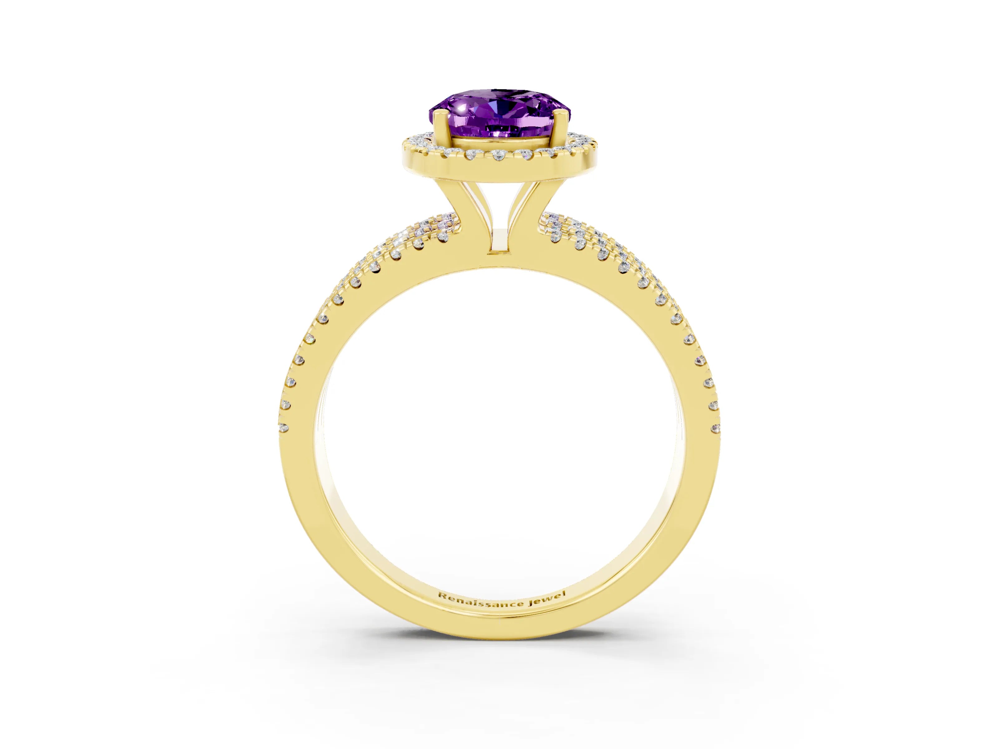 Yellow gold {shape_name} Amethyst Halo Engagement Ring with Split Shank and Four-Prong Setting_3