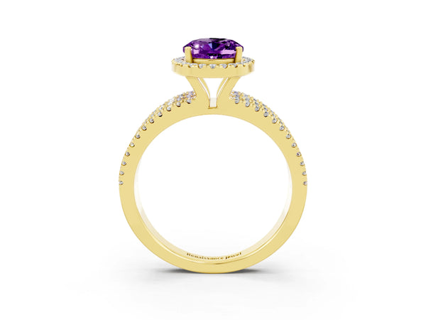 Yellow gold Oval Cut Amethyst Halo Engagement Ring with Split Shank and Four-Prong Setting