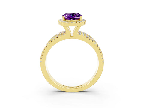 Yellow gold {shape_name} Amethyst Halo Engagement Ring with Split Shank and Four-Prong Setting_3