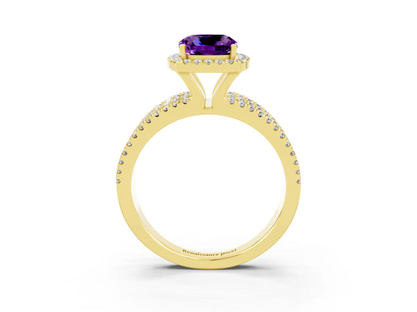 Yellow gold Cushion Cut Amethyst Halo Engagement Ring with Split Shank and Four-Prong Setting