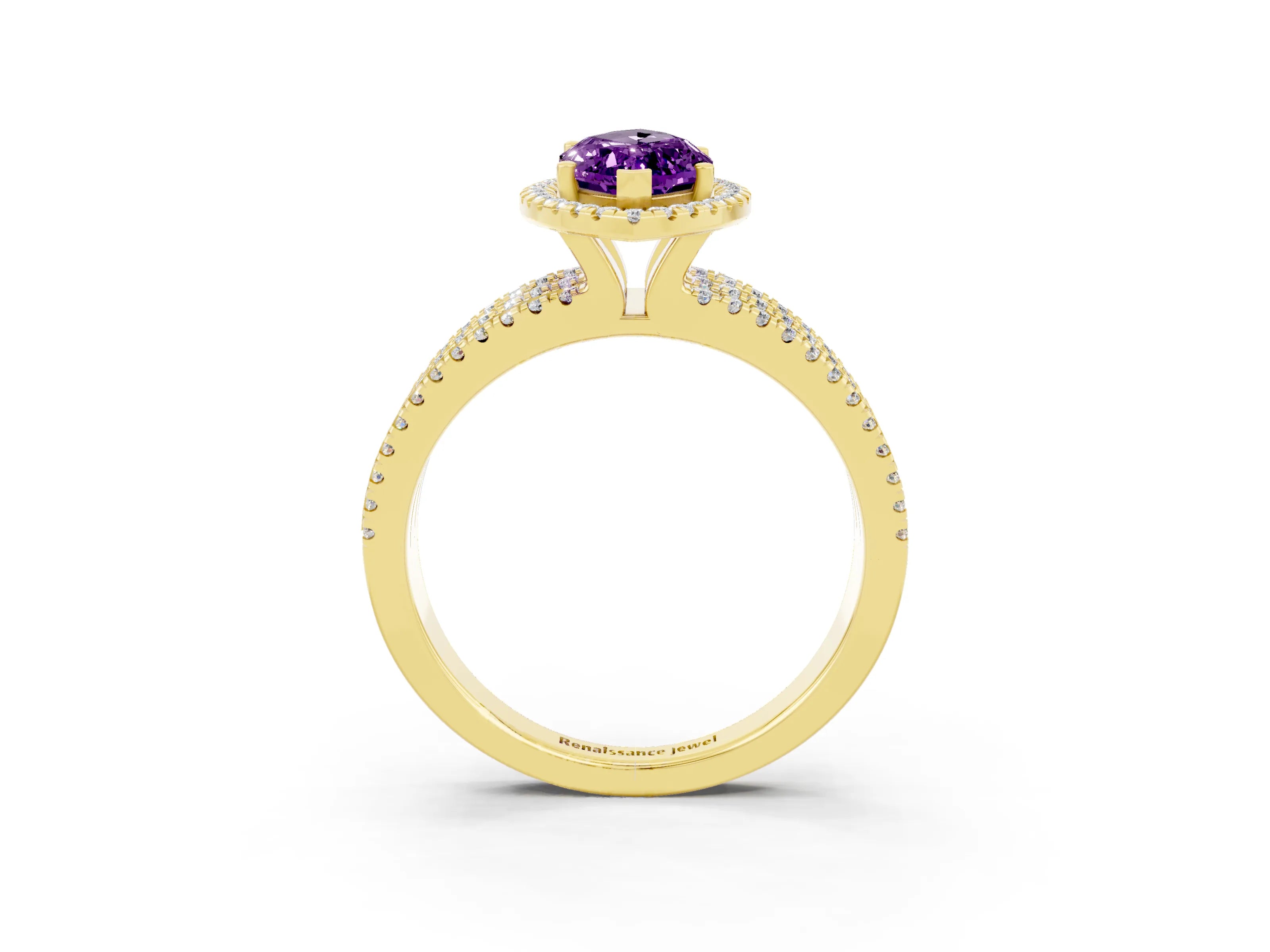 Yellow gold {shape_name} Amethyst Halo Engagement Ring with Split Shank and Four-Prong Setting_3