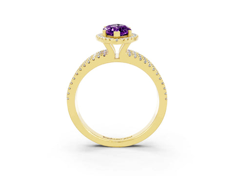 Yellow gold {shape_name} Amethyst Halo Engagement Ring with Split Shank and Four-Prong Setting_3
