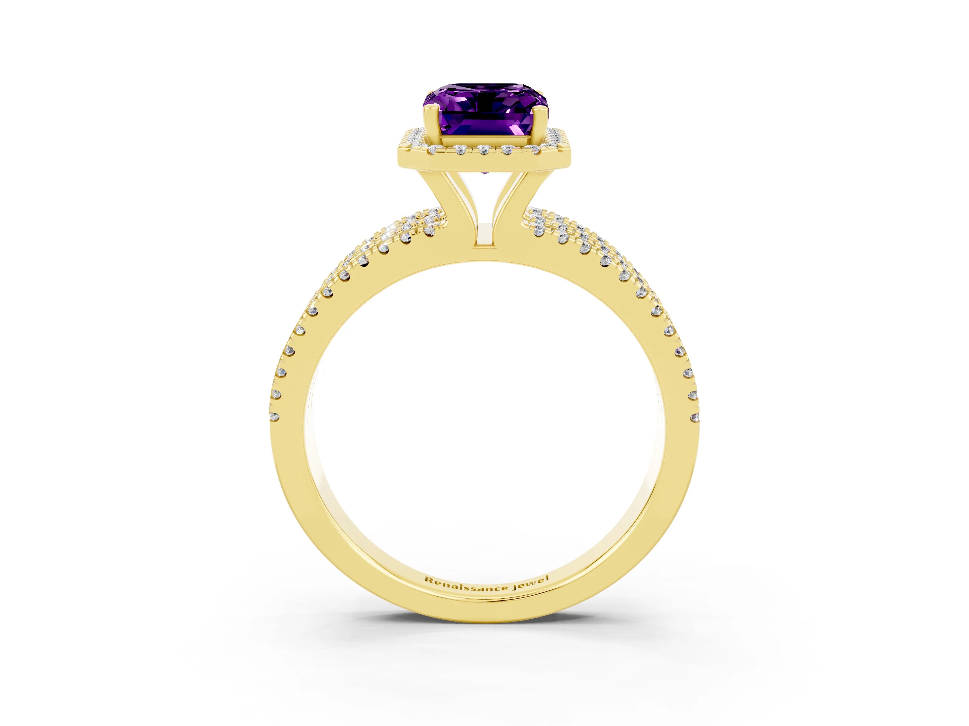 Yellow gold {shape_name} Amethyst Halo Engagement Ring with Split Shank and Four-Prong Setting_3