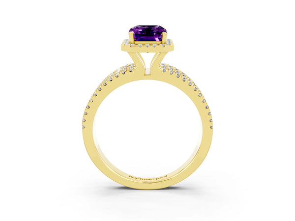 Yellow gold Emerald Cut Amethyst Halo Engagement Ring with Split Shank and Four-Prong Setting