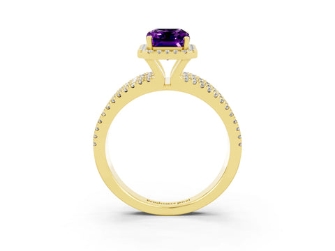 Yellow gold {shape_name} Amethyst Halo Engagement Ring with Split Shank and Four-Prong Setting_3