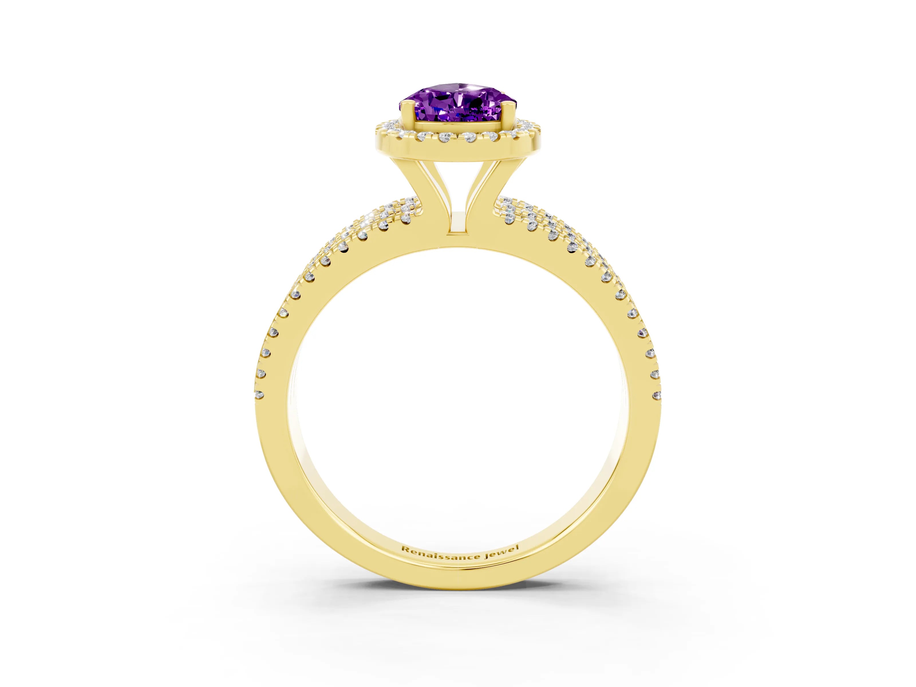 Yellow gold {shape_name} Amethyst Halo Engagement Ring with Split Shank and Four-Prong Setting_3