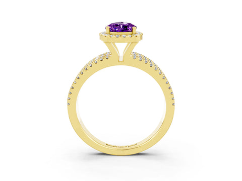 Yellow gold {shape_name} Amethyst Halo Engagement Ring with Split Shank and Four-Prong Setting_3