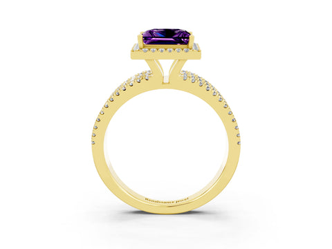 Yellow gold {shape_name} Amethyst Halo Engagement Ring with Split Shank and Four-Prong Setting_3