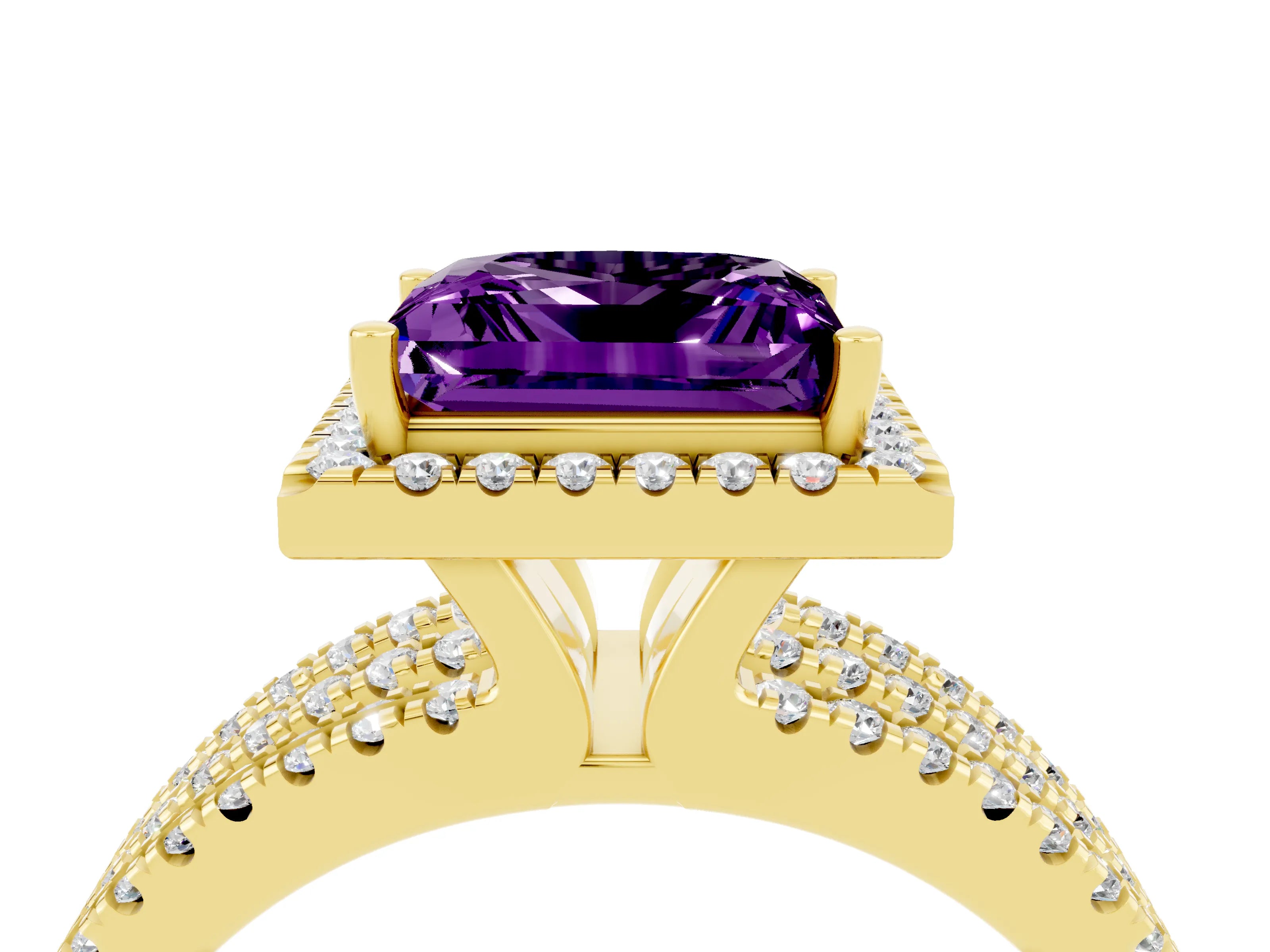 Yellow gold {shape_name} Amethyst Halo Engagement Ring with Split Shank and Four-Prong Setting_4