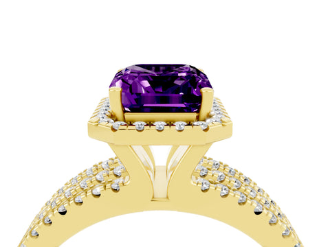 Yellow gold {shape_name} Amethyst Halo Engagement Ring with Split Shank and Four-Prong Setting_4