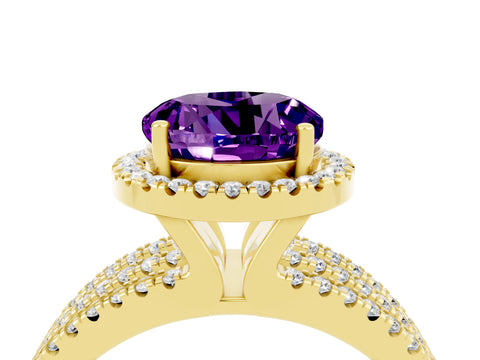 Yellow gold {shape_name} Amethyst Halo Engagement Ring with Split Shank and Four-Prong Setting_4