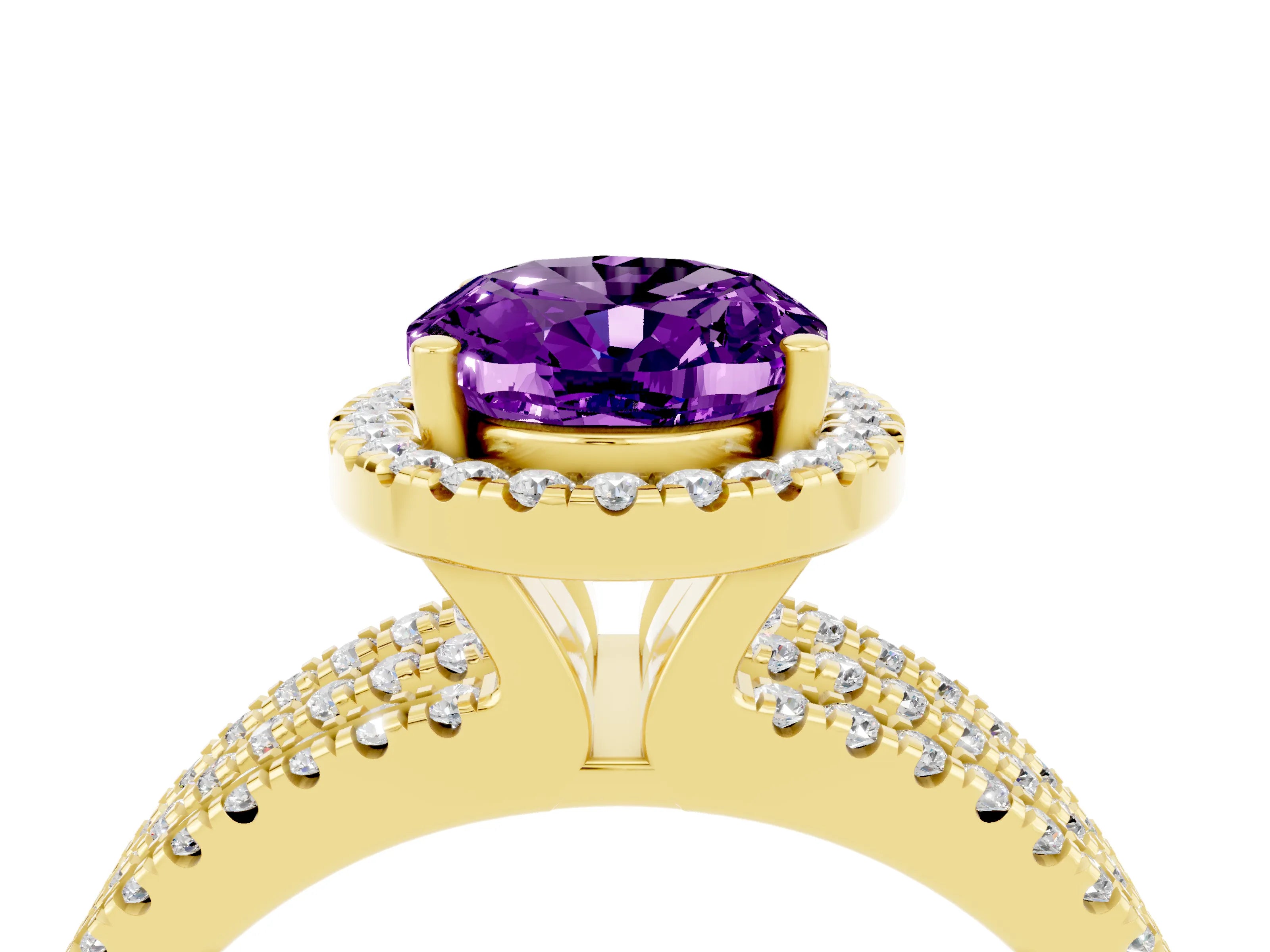 Yellow gold {shape_name} Amethyst Halo Engagement Ring with Split Shank and Four-Prong Setting_4