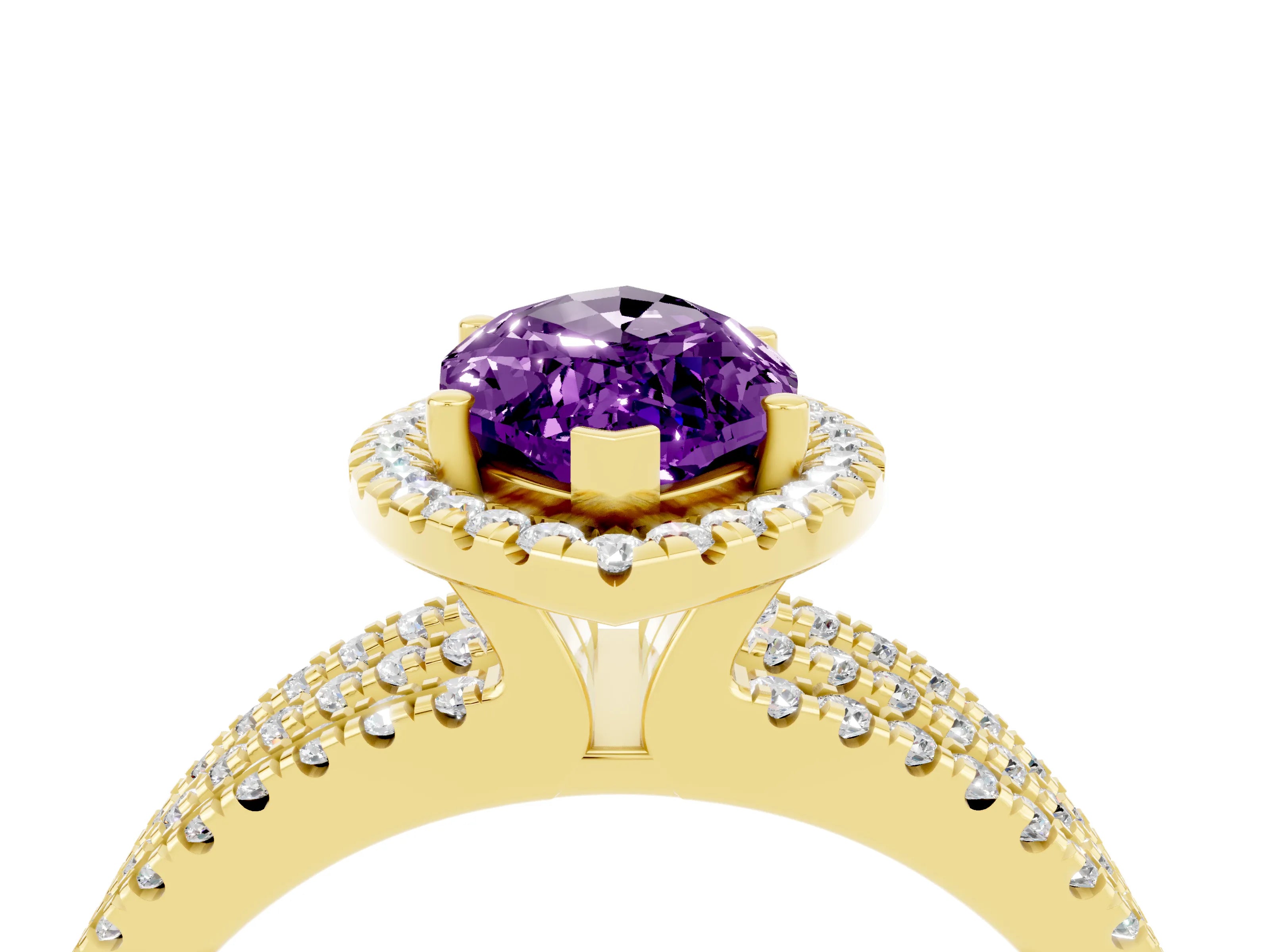 Yellow gold {shape_name} Amethyst Halo Engagement Ring with Split Shank and Four-Prong Setting_4