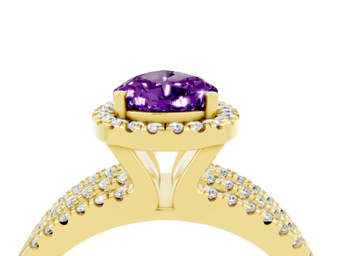 Yellow gold {shape_name} Amethyst Halo Engagement Ring with Split Shank and Four-Prong Setting_4
