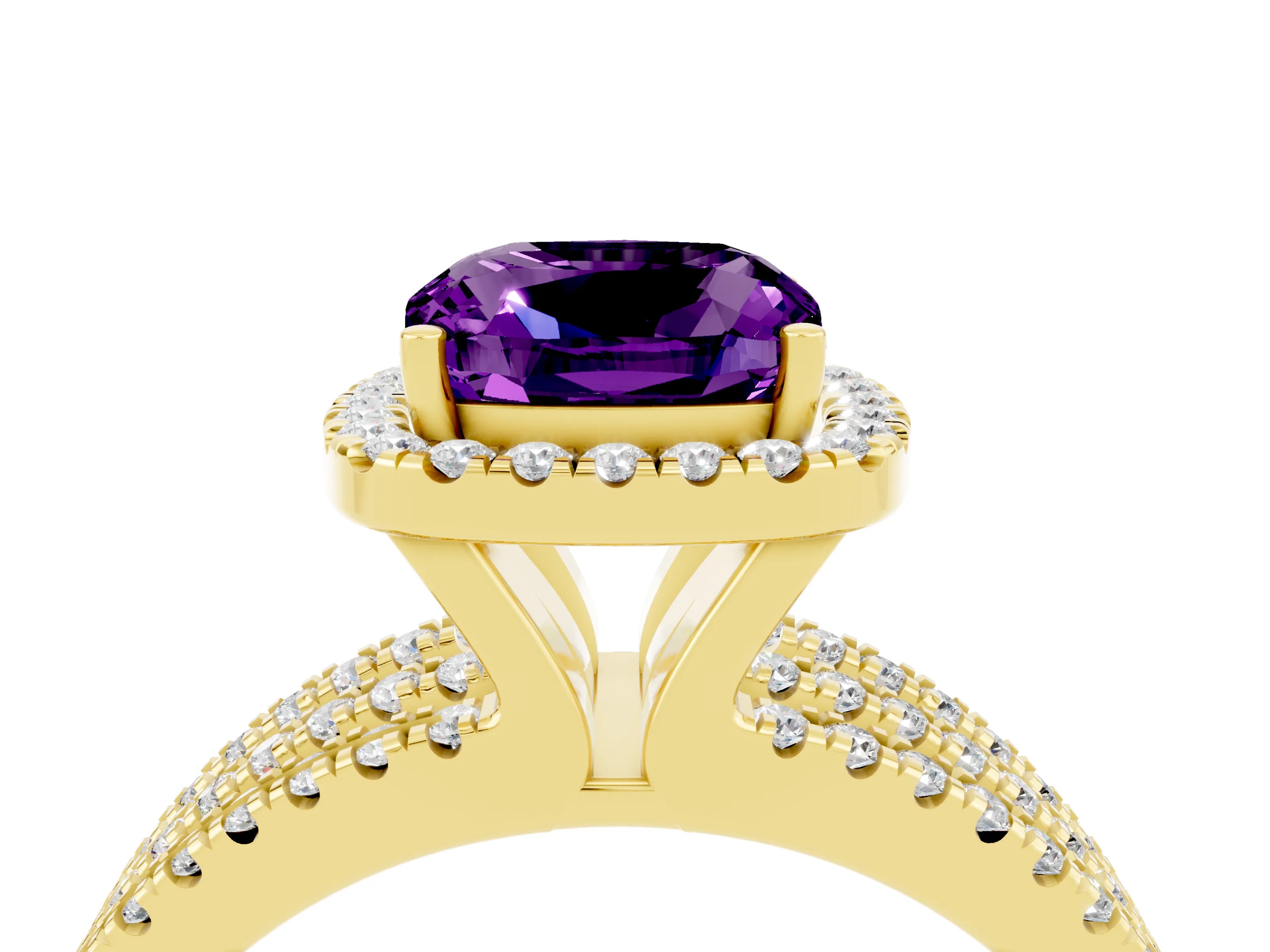 Yellow gold {shape_name} Amethyst Halo Engagement Ring with Split Shank and Four-Prong Setting_4