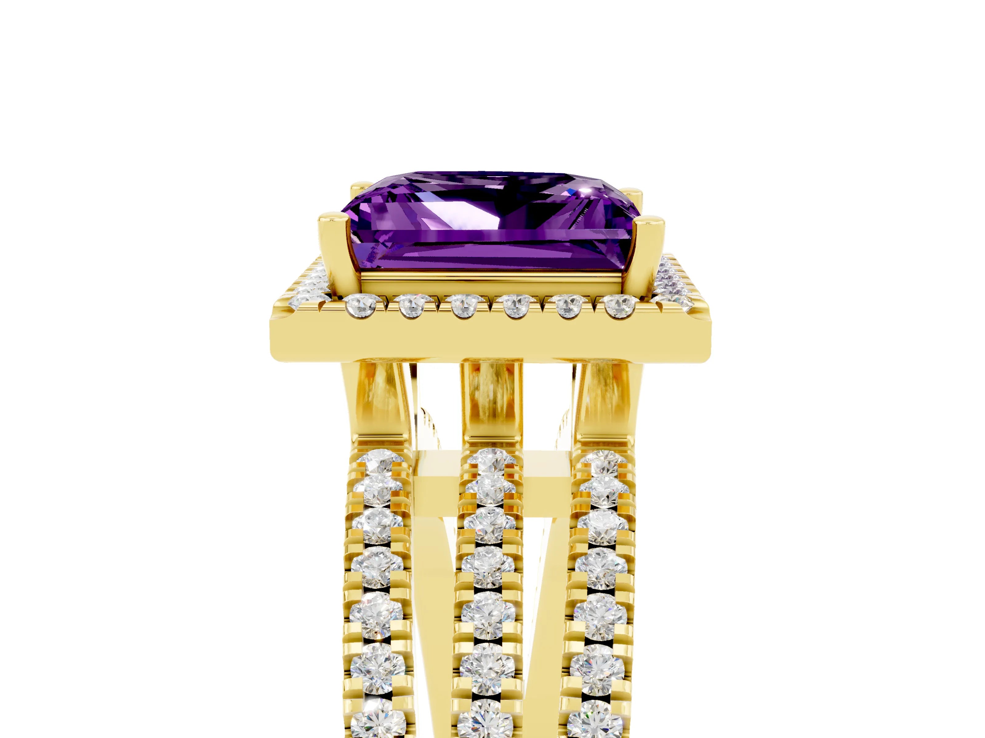Yellow gold {shape_name} Amethyst Halo Engagement Ring with Split Shank and Four-Prong Setting_5