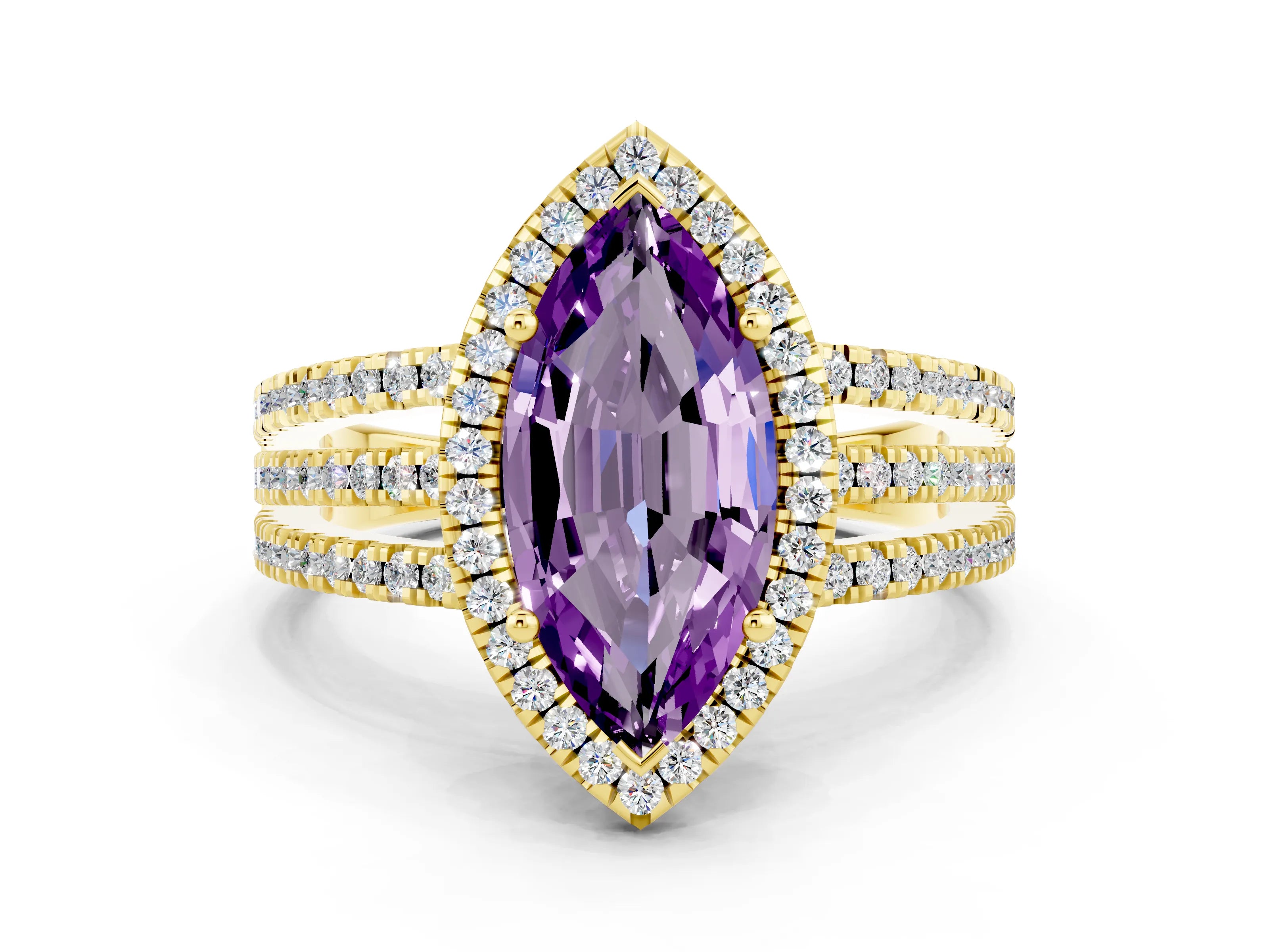 Yellow gold {shape_name} Amethyst Halo Engagement Ring with Split Shank and Four-Prong Setting
