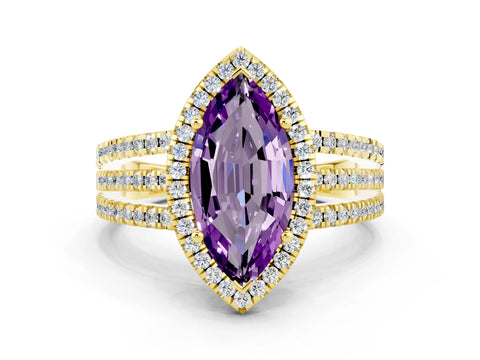 Yellow gold {shape_name} Amethyst Halo Engagement Ring with Split Shank and Four-Prong Setting