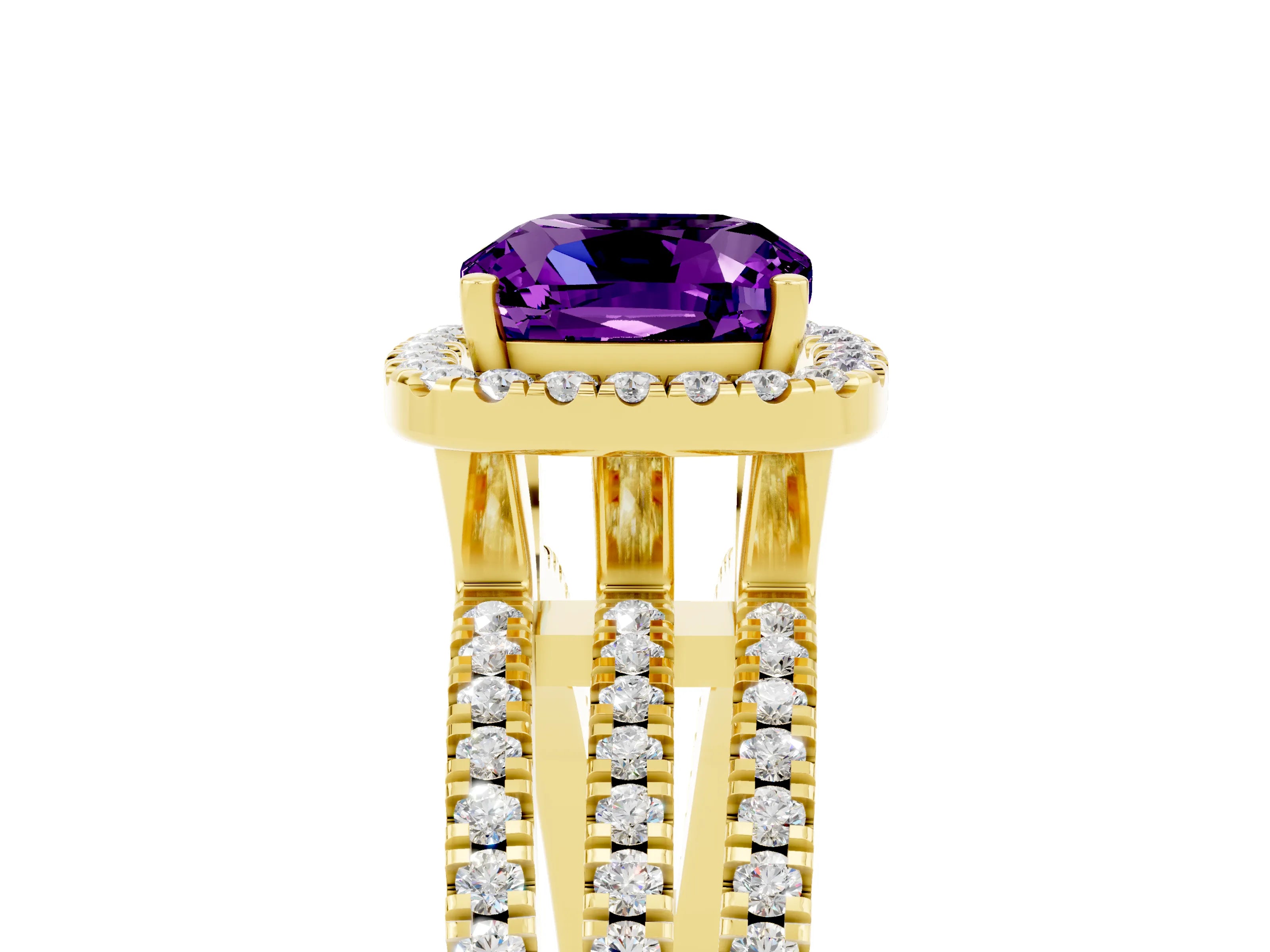 Yellow gold {shape_name} Amethyst Halo Engagement Ring with Split Shank and Four-Prong Setting_5