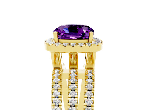 Yellow gold {shape_name} Amethyst Halo Engagement Ring with Split Shank and Four-Prong Setting_5