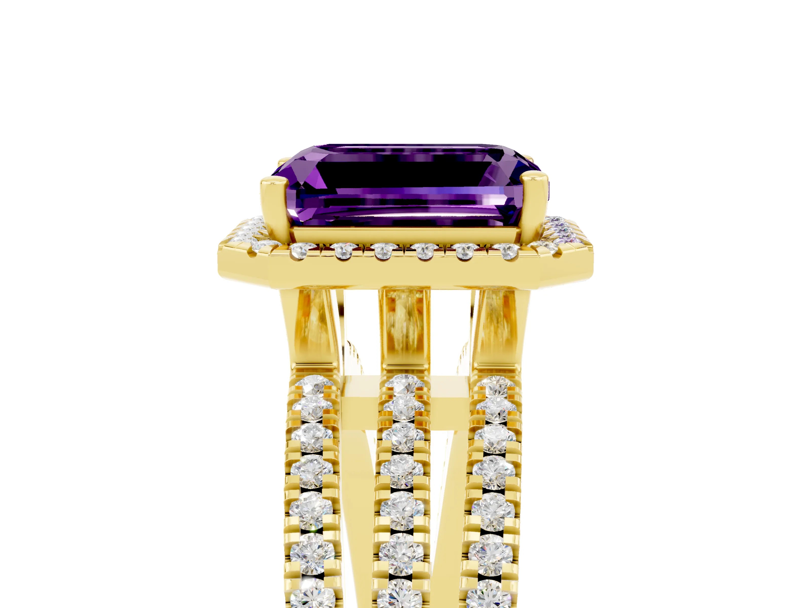 Yellow gold {shape_name} Amethyst Halo Engagement Ring with Split Shank and Four-Prong Setting_5